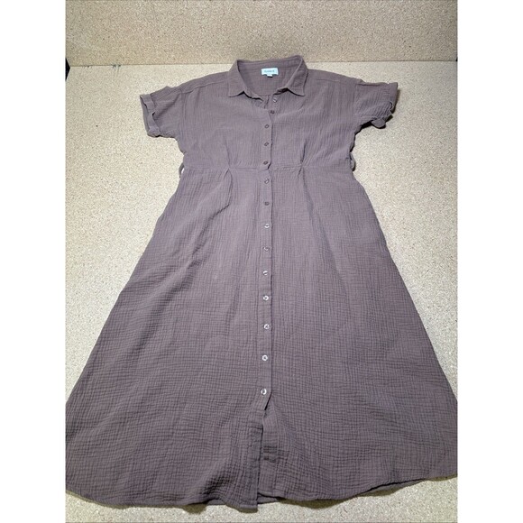 EVEREVE Hailey Gauze A-line Midi Shirt Dress Size L Coco Brown *Missing Belt* D1 - Picture 1 of 6